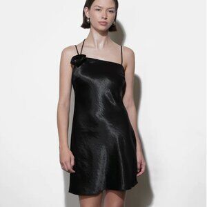 Greylin Floris Rosette One Shoulder Black Satin Dress